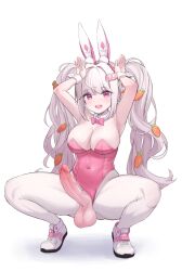 Rule 34 | 1futa, alice (nikke), alice (wonderland bunny) (nikke), animal ears, bow, bowtie, breasts, cleavage, covered navel, detached collar, erection, fake animal ears, futanari, goddess of victory: nikke, hair ornament, highres, large breasts, large penis, large testicles, leotard, long hair, looking at viewer, minishell, open mouth, pantyhose, penis, pink bow, pink bowtie, pink eyes, pink leotard, playboy bunny, rabbit ears, rabbit hair ornament, rabbit pose, shoes, simple background, smile, sneakers, solo, squatting, testicles, twintails, uncensored, veins, veiny penis, white background, white footwear, white hair, white pantyhose, white wrist cuffs, wrist cuffs