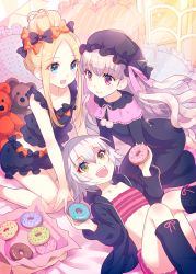 Rule 34 | 3girls, :d, abigail williams (fate), bare arms, bare shoulders, bed sheet, black bow, black dress, black headwear, black jacket, black shirt, black socks, blonde hair, blue eyes, blush, bow, closed mouth, commentary request, diagonal stripes, doughnut, dress, fate/extra, fate/grand order, fate (series), food, frilled pillow, frills, green eyes, hair between eyes, hair bow, hat, holding, holding food, hood, hood down, hooded jacket, jack the ripper (fate/apocrypha), jacket, kneehighs, long hair, long sleeves, mob cap, multiple girls, multiple hair bows, nishimura eri, nursery rhyme (fate), open clothes, open jacket, open mouth, orange bow, parted bangs, pillow, polka dot, polka dot bow, red eyes, shirt, short shorts, shorts, sidelocks, silver hair, sleeveless, sleeveless shirt, smile, socks, striped clothes, striped shorts, stuffed animal, stuffed toy, teddy bear, very long hair
