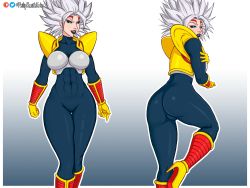 Rule 34 | 1girl, absurdres, ass, baby (dragon ball gt), back, black lips, blue eyes, breasts, caulifla, clothes, cosplay, dragon ball, dragon ball super, female focus, gradient background, highres, lipstick, looking at viewer, looking back, makeup, medium breasts, medium hair, muscular, muscular female, philipsmitheros, silver hair, simple background, smile, solo