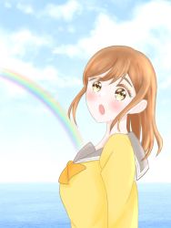 Rule 34 | 1girl, :o, artist name, artist request, blue sky, blush, bow, bowtie, breasts, brown eyes, brown hair, buttons, cardigan, cloud, collarbone, day, eyebrows, female focus, grey sailor collar, hair between eyes, kunikida hanamaru, light brown hair, long hair, long sleeves, looking at viewer, looking to the side, love live!, love live! sunshine!!, medium breasts, ocean, orange bow, outdoors, parted lips, rainbow, sailor collar, school uniform, sideboob, skirt, sky, sleeves past wrists, smile, solo, sweater, upper body, uranohoshi school uniform, vest, yellow cardigan, yellow eyes, yellow sweater