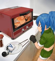 Rule 34 | 1boy, 1girl, blue eyes, blue hair, chang koehan, chibi, chopsticks, clothing aside, cooking, green jacket, green shorts, highres, jacket, leona heidern, microwave, oni gini, plate, ponytail, shorts, soy sauce, sweat, the king of fighters