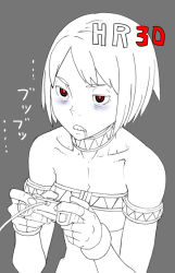 Rule 34 | 1girl, bags under eyes, bare shoulders, capcom, controller, flat chest, game console, game controller, go robots, grey background, joystick, monochrome, monster hunter (series), playing games, poverty, red eyes, saliva, short hair, simple background, solo, spot color, video game