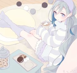 Rule 34 | 10s, 1girl, alternate costume, blue hair, chocolate chip cookie, colis, commentary request, cookie, cookie jar, cup, cushion, food, frilled skirt, frills, grey eyes, grey hair, hair between eyes, hairband, holding, holding cup, hot chocolate, jar, kantai collection, kiyoshimo (kancolle), kneehighs, long hair, long sleeves, looking at viewer, loose socks, low twintails, marshmallow, mug, multicolored hair, oreo, rug, sitting, skirt, sleeves past wrists, socks, solo, striped clothes, striped sweater, sweater, table, tray, twintails, twitter username, very long hair, wooden floor