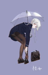 Rule 34 | 1girl, absurdres, artist name, ass, bag, bent over, black footwear, black pantyhose, chun&#039;ai zhanshen milili, highres, holding, holding umbrella, long hair, long sleeves, looking at viewer, looking back, original, panties, panties under pantyhose, pantyhose, parted lips, pleated skirt, red eyes, sailor collar, school bag, school uniform, signature, simple background, skirt, soles, solo, standing, transparent, transparent umbrella, twintails, umbrella, underwear, white hair