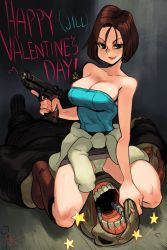 Rule 34 | 1girl, alex ahad, bare shoulders, blue eyes, boots, breasts, brown hair, capcom, cleavage, clothes around waist, girl on top, grin, gun, handgun, happy valentine, highres, holding, holding gun, holding weapon, jill valentine, large breasts, lying, monster, nemesis (resident evil), no bra, on back, open mouth, panties, pantyshot, pistol, resident evil, resident evil 3, resident evil 3: nemesis, short hair, sitting, skirt, smile, star (symbol), strapless, teeth, tube top, underwear, weapon
