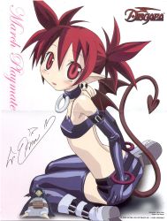 Rule 34 | 00s, 1girl, armpits, back, bikini, bikini top only, black bikini, black thighhighs, boots, bracelet, character name, collar, copyright name, dated, demon girl, disgaea, earrings, elbow gloves, embarrassed, english text, etna (disgaea), flat chest, from side, full body, gloves, gradient background, hair between eyes, high heel boots, high heels, highres, jewelry, makai senki disgaea, mini wings, miniskirt, non-web source, parted bangs, pencil skirt, pink background, platform boots, platform footwear, pointy ears, prinny, sitting, skirt, solo, spiked hair, surprised, swimsuit, thighhighs, twintails, white background, wings