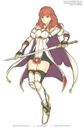 Rule 34 | 1girl, breasts, cape, celica (fire emblem), fire emblem, fire emblem echoes: shadows of valentia, fire emblem heroes, gofelem, headband, holding, holding sword, holding weapon, looking at viewer, nintendo, red eyes, red hair, skindentation, small breasts, solo, sword, thighhighs, unfinished, weapon, white background