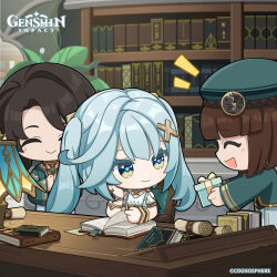 Rule 34 | 3girls, absurdres, aqua hair, black hair, blunt bangs, book, bookshelf, box, brown hair, chair, chibi, closed eyes, closed mouth, commentary, copyright name, desk, dot nose, english commentary, faruzan (genshin impact), genshin impact, gift, gift box, hair ornament, hand up, hat, hat ornament, highres, holding, holding gift, indoors, jewelry, lamp, light smile, long hair, long sleeves, looking at another, multiple girls, official art, on chair, open book, open mouth, parted bangs, ring, scroll, sitting, standing, symbol-shaped pupils, x hair ornament