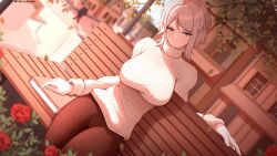 Rule 34 | 1girl, bench, blue eyes, book, ceo of disgrace, faust (project moon), flower, grey hair, highres, limbus company, long sleeves, on bench, park bench, project moon, red flower, red rose, rose, short hair, sitting, solo, sweater, town, turtleneck, turtleneck sweater