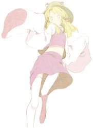 Rule 34 | 1girl, abara heiki, blonde hair, closed mouth, dot nose, from below, hair ornament, hair ribbon, hands up, hat, japanese clothes, leg lift, long sleeves, looking at viewer, medium hair, midriff, moriya suwako, navel, parted bangs, puckered lips, purple skirt, purple vest, red ribbon, ribbon, shirt, simple background, skirt, skirt set, sleeves past wrists, solo, tareme, thighhighs, touhou, turtleneck, vest, walking, white background, white shirt, white thighhighs, wide sleeves, x hair ornament, yellow eyes