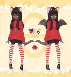 Rule 34 | 1girl, animal ears, black footwear, black skirt, blush, body fur, brown hair, cat ears, cat girl, cat tail, character name, closed mouth, color guide, cross-laced footwear, feathered wings, female focus, fita (methynecros), flat chest, full body, furry, furry female, highres, horns, jacket, light blush, long hair, long sleeves, looking at viewer, methynecros, miniskirt, multiple views, original, outline, pleated skirt, red jacket, red thighhighs, shoes, sidelocks, skirt, standing, striped clothes, striped thighhighs, symmetry, tail, thighhighs, white outline, wings, yellow background, yellow eyes, zettai ryouiki, zipper, zipper pull tab