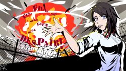 Rule 34 | 1girl, artist name, ash ketchup, barbed wire, black hair, bow, bowtie, breasts, chain-link fence, cloud, cloudy sky, danganronpa: trigger happy havoc, danganronpa (series), english text, exclamation mark, explosion, eyebrows, eyelashes, female focus, fence, freckles, grenade pin, grenade pin in mouth, highres, ikusaba mukuro, large breasts, looking at viewer, neck ribbon, open mouth, outstretched arm, outstretched hand, parody, parted bangs, parted hair, persona, persona 5, pink lips, purple eyes, red bow, red ribbon, ribbon, shirt, signature, sky, sleeves rolled up, solo, solo focus, style parody, upper body, white shirt