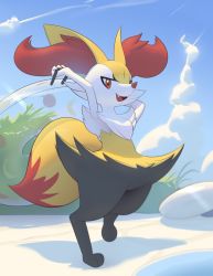 Rule 34 | absurdres, animal ear fluff, animal ears, arms up, black fur, blue sky, braixen, cloud, cloudy sky, commentary, creatures (company), digitigrade, english commentary, fangs, fox ears, fox tail, fur collar, furry, game freak, gen 6 pokemon, grass, highres, holding, holding swim ring, inkune, innertube, looking ahead, multicolored fur, nintendo, open mouth, outdoors, pokemon, pokemon (creature), red eyes, red fur, red nose, sky, smile, snout, solo, standing, swim ring, tail, transparent innertube, tsurime, white fur, yellow fur