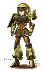 Rule 34 | 1girl, armor, boots, brown hair, brown thighhighs, character name, closed mouth, covered navel, dated, full body, gloves, gundam, helmet, highres, kotoba noriaki, leotard, pauldrons, personification, pink eyes, shield, short hair, shoulder armor, signature, simple background, skirt, solo, standing, thighhighs, white background, zaku ii