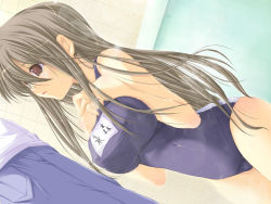 Rule 34 | 1girl, bath, blush, breasts squeezed together, breasts, death-meta, death meta, dutch angle, covered erect nipples, game cg, grey hair, own hands clasped, hiyoshimaru akira, huge breasts, large breasts, long hair, nagamori kaname, name tag, one-piece swimsuit, open mouth, own hands together, pink eyes, school swimsuit, solo, steam, swimsuit, very long hair, wet