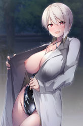 Rule 34 | bdsm, blurry, blurry background, blush, bondage, bound, breasts, coat, commentary request, dermar, exhibitionism, flashing, grey hair, hair between eyes, highres, lab coat, large breasts, leotard, leotard under clothes, long hair, looking at viewer, nakiri alice, night, nipples, open clothes, open coat, open mouth, outdoors, public indecency, red eyes, shirt, shokugeki no souma, short hair, signature, smile, standing, tree, white shirt
