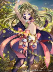 Rule 34 | 1girl, boots, cape, fire emblem, fire emblem awakening, fire emblem cipher, flat chest, forest, garter straps, gloves, green hair, image sample, jewelry, long hair, looking at viewer, midriff, nature, navel, nintendo, nowi (fire emblem), official art, parted bangs, pink thighhighs, pisuke, ponytail, purple eyes, ribbon, short shorts, shorts, simple background, smile, solo, thigh boots, thighhighs, tiara