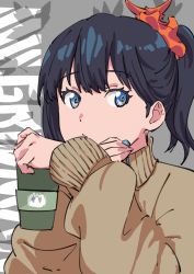 Rule 34 | 1girl, black hair, blue eyes, brown sweater, coffee cup, cup, disposable cup, grey background, gridman universe, hand on own cheek, hand on own face, highres, holding, holding cup, long sleeves, looking at viewer, medium hair, orange scrunchie, ponytail, removing earbuds, scrunchie, sitnon, solo, ssss.gridman, sweater, takarada rikka, turtleneck, turtleneck sweater, upper body
