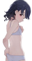 Rule 34 | 1girl, adjusting clothes, adjusting panties, bare arms, bare shoulders, black hair, blush, bra, closed mouth, commentary, flat chest, from behind, fukumaru koito, highres, hiroki (yyqw7151), idolmaster, idolmaster shiny colors, looking at viewer, looking back, medium hair, panties, red eyes, simple background, solo, underwear, underwear only, wavy mouth, wedgie, white background, white bra, white panties