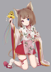 Rule 34 | 1girl, absurdres, animal ears, arm up, blue eyes, bottomless, breasts, brown hair, child, grey background, harukasu (mememememo), heterochromia, highres, holding, japanese clothes, kneeling, looking at viewer, miko, open mouth, original, parted lips, red eyes, simple background, small breasts, snake, solo, thigh strap, thighs