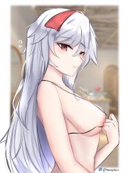 Rule 34 | 1girl, :o, ahoge, arena of valor, areola slip, artist name, ass, back, bare arms, bare shoulders, bikini, bikini pull, bikini top only, black bikini, black choker, black hairband, blurry, blurry background, blush, border, bra, breasts, brown eyes, choker, cleavage, closed mouth, clothes pull, collarbone, covered erect nipples, dated, depth of field, eyelashes, from behind, from side, grey hair, hair between eyes, hair ornament, hairband, halterneck, hand up, highres, holding, horns, indoors, jewelry, lips, long hair, looking at viewer, looking back, looking to the side, mangth07, medium breasts, micro bikini, multicolored hair, navel, nipples, nude, open mouth, parted lips, profile, pulling own clothes, red bikini, red eyes, red hairband, ribbon, shiny skin, sideboob, sidelocks, signature, sinestrea (arena of valor), smile, solo, stomach, strap gap, string bikini, sweat, swimsuit, topless, twitter username, underboob, underwear, undressing, untied bikini, upper body, very long hair, white bikini, white border, white hair, window, yellow eyes