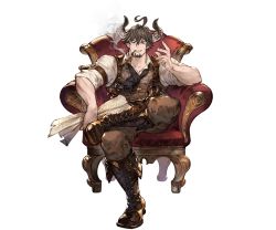 Rule 34 | 10s, 1boy, ahoge, barawa, beard, boots, brown eyes, brown hair, chair, draph, facial hair, full body, granblue fantasy, gun, horns, male focus, manly, matching hair/eyes, minaba hideo, official art, open mouth, smoking pipe, pipe in mouth, smoking, solo, teeth, transparent background, weapon