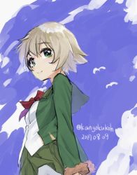 Rule 34 | 1girl, bird, brown hair, cloud, commentary request, dated, day, fur-trimmed sleeves, fur trim, green eyes, green jacket, green skirt, hair between eyes, jacket, kangoku kou, kantai collection, long sleeves, looking to the side, one-hour drawing challenge, pantyhose, red ribbon, ribbon, shimushu (kancolle), shirt, short hair, sketch, skirt, sky, smile, solo, twitter username, white shirt