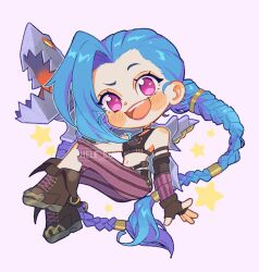 Rule 34 | 1girl, :d, arcane: league of legends, arcane jinx, artist name, bare shoulders, blush, blush stickers, breasts, brown footwear, brown gloves, crop top, double bun, fingerless gloves, gloves, green hair, hair bun, hele bun, holding, holding rocket launcher, holding weapon, jinx (league of legends), league of legends, long hair, looking at viewer, navel, open mouth, pants, pink eyes, pink pants, rocket launcher, small breasts, smile, solo, star (symbol), stomach, striped clothes, striped pants, teeth, torn clothes, torn pants, twintails, upper teeth only, watermark, weapon, white background