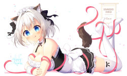 Rule 34 | 1girl, :q, animal ears, aoi yun, apron, bare shoulders, between breasts, black bow, black dress, blue eyes, blush, bow, breasts, cat ears, cat girl, cat tail, cleavage, closed mouth, commentary request, dress, frilled apron, frilled dress, frills, full body, hair bow, hair intakes, legs up, looking at viewer, lying, maid, maid headdress, medium breasts, no shoes, on stomach, original, pleated dress, smile, soles, solo, tail, thighhighs, tongue, tongue out, white apron, white background, white hair, white thighhighs, wrist cuffs