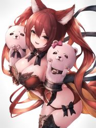 Rule 34 | 1girl, animal ears, armor, armored boots, ass, bell, bikini, bikini armor, black bow, boots, bow, bowtie, breasts, butt crack, cerberus (shingeki no bahamut), choker, cleavage, cowboy shot, dog ears, hair between eyes, hand puppet, hands up, highres, jingle bell, leaning forward, long hair, looking at viewer, md5 mismatch, medium breasts, open mouth, puppet, red armor, red bikini, red eyes, red hair, resolution mismatch, revealing clothes, shingeki no bahamut, simple background, smile, snm (sunimi), solo, source smaller, standing, swimsuit, thigh boots, thighhighs, thighs, twintails, very long hair, white background
