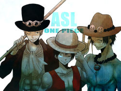 Rule 34 | 3boys, abs, brother, brothers, ascot, goggles, hat, jacket, jewelry, male focus, monkey d. luffy, multiple boys, muscular, necklace, one piece, open clothes, open jacket, open vest, pole, portgas d. ace, sabo (one piece), sad face, scar, topless male, siblings, smiley face, straw hat, text focus, top hat, vest, wink