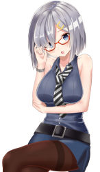 Rule 34 | 10s, 1girl, absurdres, alternate costume, belt, bespectacled, blue eyes, breasts, glasses, hair ornament, hairclip, hamakaze (kancolle), highres, kantai collection, necktie, pantyhose, short hair, silver hair, simple background, sin (kami148), solo, thighband pantyhose