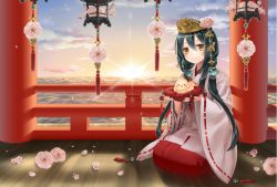 Rule 34 | 1girl, above clouds, bad id, bad pixiv id, bird, bird on hand, black hair, blue sky, cherry blossoms, cloud, crown, flower, hair ornament, japanese clothes, lantern, lens flare, licca (liccas), long hair, looking at viewer, miko, original, pillar, pillow, pointy ears, railing, seiza, sidelocks, sitting, sky, smile, solo, sunrise, wooden floor, yellow eyes