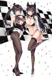 Rule 34 | 2girls, animal ears, asymmetrical docking, atago (azur lane), atago (stunning speedster) (azur lane), azur lane, bikini, black bikini, black footwear, black hair, black legwear, blurry, bodystocking, bow, breast press, breasts, brown eyes, checkered flag, cleavage cutout, clothing cutout, commentary request, confetti, depth of field, elbow gloves, extra ears, fingerless gloves, flag, full body, gloves, hair bow, hair flaps, hair ornament, high heels, highres, himei asana, large breasts, long hair, looking at viewer, multiple girls, pantyhose, ponytail, pumps, race queen, ribbon, shoes, shrug (clothing), simple background, standing, stiletto heels, swimsuit, takao (azur lane), takao (full throttle charmer) (azur lane), two-tone bikini, two-tone leotard, white background, white bow, white footwear, white gloves, white ribbon, wolf ears