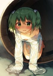 Rule 34 | 1girl, all fours, bad id, bad pixiv id, barefoot, blush, breasts, bucket, collarbone, downblouse, extended downblouse, full body, green eyes, green hair, hair bobbles, hair ornament, hair over eyes, hands in opposite sleeves, in bucket, in container, japanese clothes, kimono, kisume, long sleeves, looking at viewer, matching hair/eyes, no bra, off shoulder, open mouth, see-through, shnva, short hair, short kimono, short twintails, sleeves past wrists, small breasts, solo, touhou, twintails, wet, wet hair
