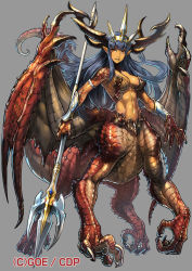 Rule 34 | 1girl, abs, blue hair, centauroid, claws, colored skin, commentary request, creature, dragon girl, dragon horns, dragon tail, dragon wings, fantasy, horns, looking at viewer, ninnin (shishitou), orange skin, original, parted lips, pointy ears, polearm, red eyes, scales, smile, tail, taur, toned, trident, vambraces, weapon, wings