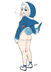 Rule 34 | +++, 1girl, animal hood, arm at side, ass, blue eyes, blue hoodie, blue socks, blunt bangs, commentary, fins, fish tail, from behind, gao (gaolukchup), gawr gura, gawr gura (1st costume), highres, hololive, hololive english, hood, hood up, hoodie, kneepits, multicolored hair, panties, panty pull, shark hood, shark tail, sharp teeth, simple background, smile, socks, solo, standing, tail, teeth, underwear, virtual youtuber, white background