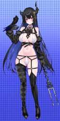 Rule 34 | 1girl, absurdres, ascot, asymmetrical legwear, bird, bird on hand, black ascot, black gloves, black hair, black thighhighs, blue background, blue hair, blush, breasts, cameltoe, cleft of venus, closed mouth, colored inner hair, demon horns, full body, gloves, hair ornament, highres, holding, holding polearm, holding weapon, hololive, hololive english, horns, large breasts, long hair, mole, mole under eye, multicolored hair, navel, nerissa ravencroft, nerissa ravencroft (1st costume), polearm, red eyes, shadow (nerissa ravencroft), smile, solo, stomach, tassel, tassel hair ornament, thighhighs, tuning fork, two-tone hair, very long hair, virtual youtuber, waterring, weapon