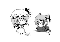 Rule 34 | 2girls, animal ears, bad id, bad pixiv id, bat wings, box, cat ears, cat girl, cat tail, chibi, female focus, flandre scarlet, food, greyscale, hanahanamaki, hat, in box, in container, kemonomimi mode, monochrome, multiple girls, o o, ponytail, popsicle, remilia scarlet, short hair, siblings, side ponytail, sisters, tail, touhou, wings