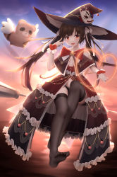 Rule 34 | 1girl, animal, black hair, black hat, black thighhighs, blue sky, bow, broom, broom riding, cloud, commentary request, dress, fox mask, han (hehuihuihui), hand up, hat, heart, highres, horizon, long hair, looking at viewer, mask, no shoes, ocean, orange eyes, original, outdoors, raccoon, red bow, red dress, sky, soles, solo, star (symbol), sunset, thighhighs, twintails, very long hair, water, winged animal, witch hat