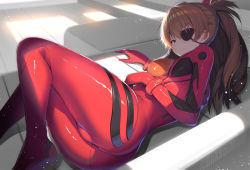 Rule 34 | 1girl, arm support, ass, ass focus, blue eyes, bodysuit, breasts, brown hair, curvy, evangelion: 3.0 you can (not) redo, expressionless, eyepatch, interface headset, legs together, long hair, looking at viewer, looking back, lying, medium breasts, migumigu, neon genesis evangelion, on floor, on side, plugsuit, rebuild of evangelion, red bodysuit, shadow, shiny clothes, simple background, skin tight, solo, souryuu asuka langley, splatter, thighs, twitter username, wide hips