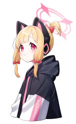 Rule 34 | 1girl, absurdres, alternate hairstyle, animal ear headphones, animal ears, blonde hair, blue archive, blush, bow, closed mouth, clothes writing, fake animal ears, hair bow, halo, headphones, highres, honi (honi1010), jacket, momoi (blue archive), multicolored clothes, multicolored jacket, pink eyes, pink halo, red bow, short hair, simple background, solo, upper body, white background