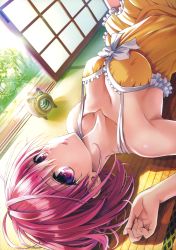 Rule 34 | 1girl, :o, absurdres, armpits, bare shoulders, blush, breasts, cleavage, downblouse, dress, dutch angle, fingernails, from side, highres, indoors, legs up, looking at viewer, looking to the side, lying, medium breasts, momo velia deviluke, no bra, official art, parted lips, pink eyes, pink hair, scan, short hair, sleeveless, sleeveless dress, solo, strap gap, sundress, sunlight, tareme, tatami, to love-ru, yabuki kentarou, yellow dress