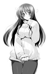 Rule 34 | 1girl, black pantyhose, blush, breasts, greyscale, large breasts, long hair, long sleeves, looking at viewer, md5 mismatch, monochrome, original, panties, panties under pantyhose, pantyhose, ribbed sweater, sasayuki, simple background, sketch, solo, sweater, underwear, white background
