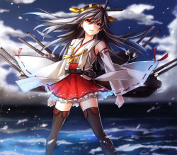 Rule 34 | 10s, 1girl, bad id, bad pixiv id, bare shoulders, black hair, black thighhighs, boots, cannon, detached sleeves, haruna (kancolle), headband, kantai collection, long hair, nontraditional miko, sakou mochi, solo, tears, thigh boots, thighhighs, yellow eyes