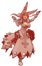 Rule 34 | 1girl, :d, ^ ^, arm up, breasts, cleavage, closed eyes, earrings, elphelt valentine, full body, gloves, guilty gear, happy, highres, jewelry, large breasts, matsu-sensei, open mouth, pink hair, short hair, simple background, smile, solo, white background