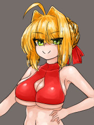 Rule 34 | 1girl, ahoge, armpits, bare shoulders, blonde hair, braid, breasts, cleavage, cleavage cutout, clothing cutout, collarbone, fate/extra, fate/grand order, fate (series), green eyes, grey background, hair intakes, highres, large breasts, navel, nero claudius (fate), nero claudius (fate) (all), nero claudius (fate/extra), red ribbon, ribbon, shiny skin, sideboob, skindentation, smile, steamingtofu, tight clothes, underboob