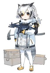 Rule 34 | 1girl, backpack, bag, black bag, black hair, closed mouth, coat, crate, full body, fur collar, gloves, grey coat, gun, h&amp;k mp5, head wings, highres, holding, holding gun, holding weapon, jacket, kemono friends, looking at viewer, mary janes, multicolored hair, northern white-faced owl (kemono friends), open clothes, open jacket, owl girl, pantyhose, satellite dish, shoes, shoulder strap, simple background, solo, spawnfoxy, staff, standing, submachine gun, weapon, weapon on back, white background, white hair, white jacket, white pantyhose, wings, yellow footwear, yellow gloves