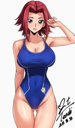 1girl absurdres arm_behind_back armpits bare_shoulders blue_eyes blue_one-piece_swimsuit breasts cleavage code_geass code_geass:_lost_stories commentary competition_swimsuit covered_navel cowboy_shot dated gluteal_fold groin hair_intakes hand_up highleg highleg_one-piece_swimsuit highres kouzuki_kallen large_breasts legs_together light_smile looking_at_viewer medium_hair one-piece_swimsuit parted_lips red_hair revision signature simple_background solo standing swimsuit teeth thigh_gap upper_teeth_only variant_set white_background yoo_tenchi