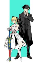 Rule 34 | 1boy, 1girl, aqua eyes, armor, artoria pendragon (all), artoria pendragon (fate), black bow, black hair, black necktie, black pants, black suit, blonde hair, bow, brown footwear, closed mouth, coat, detached sleeves, dress, emiya kiritsugu, excalibur (fate/stay night), fate/unlimited codes, fate/zero, fate (series), faulds, formal, full body, gauntlets, grey coat, grey shirt, hand in pocket, highres, light blush, looking at viewer, looking to the side, medium hair, necktie, noz 2to, pants, ponytail, sabaton, saber lily, shirt, simple background, smile, smoking, suit, white dress